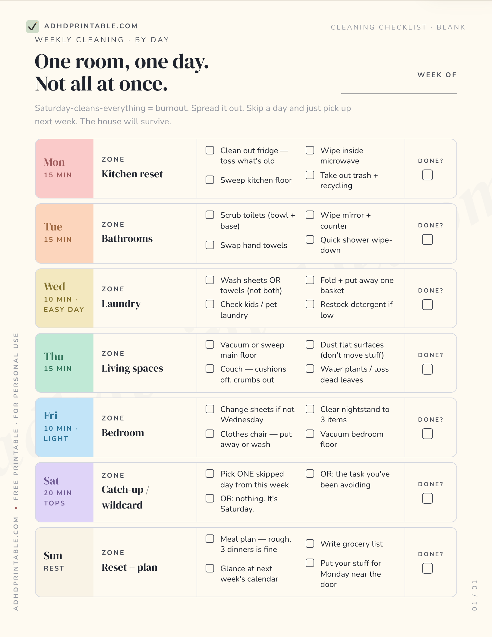 Free ADHD cleaning checklist printable preview