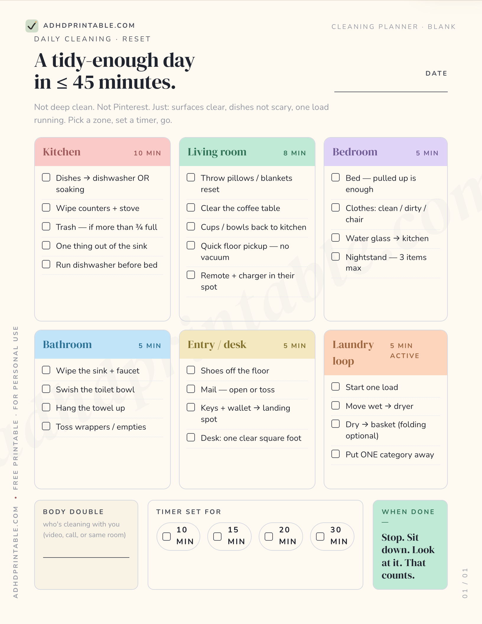 ADHD cleaning planner PDF preview with 10-minute task blocks