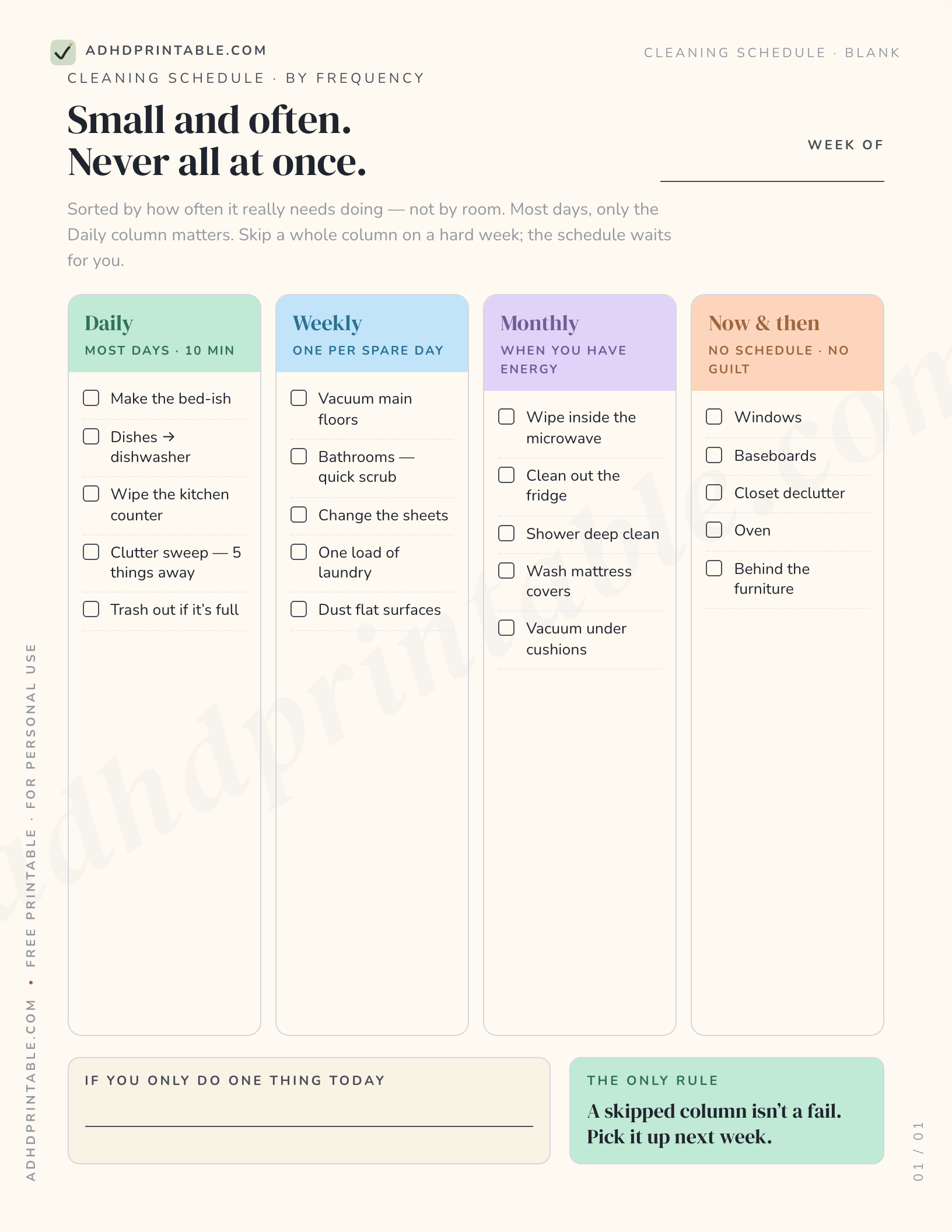 ADHD cleaning schedule printable preview with daily, weekly, and monthly columns
