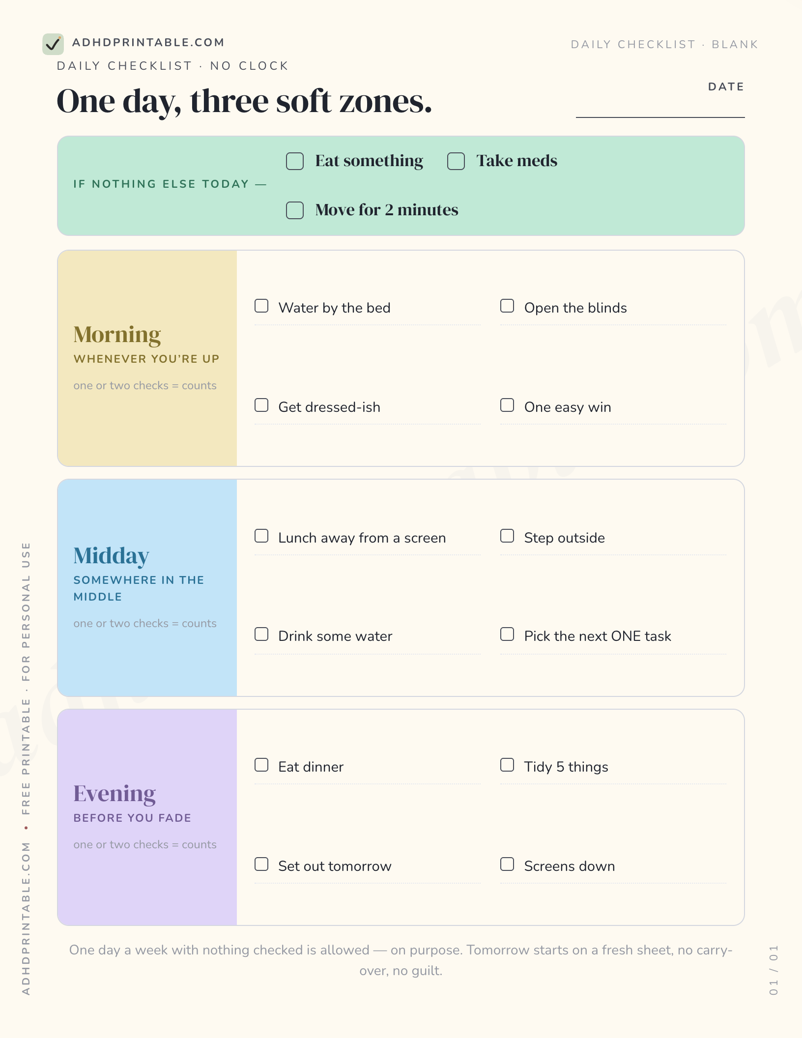 ADHD daily checklist printable preview with morning, midday, and evening zones