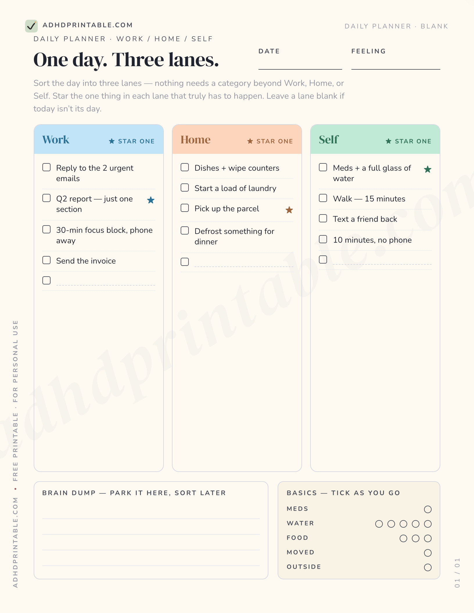 ADHD daily planner for adults printable preview with work, home, and self columns