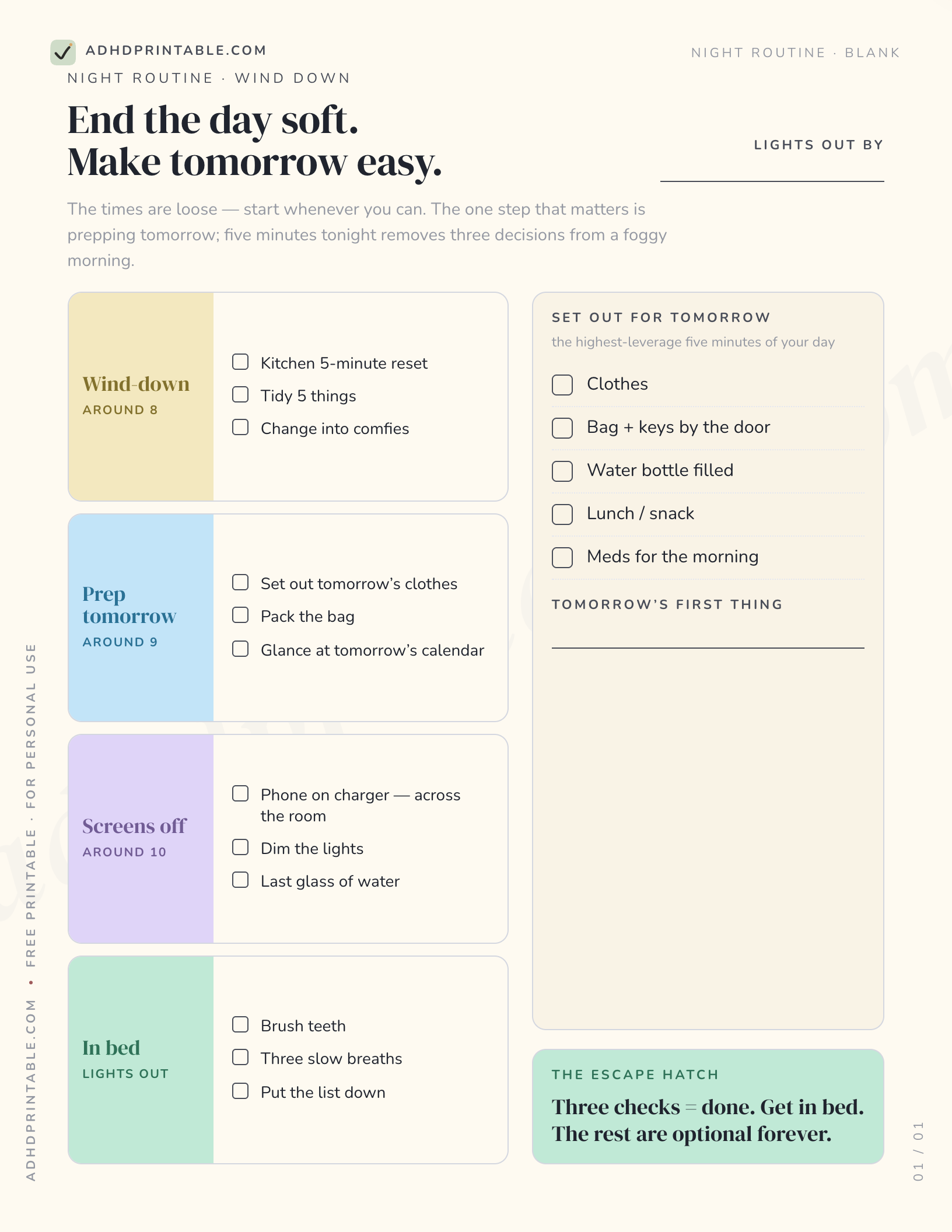 ADHD night routine checklist printable preview with wind-down steps and prep-tomorrow box