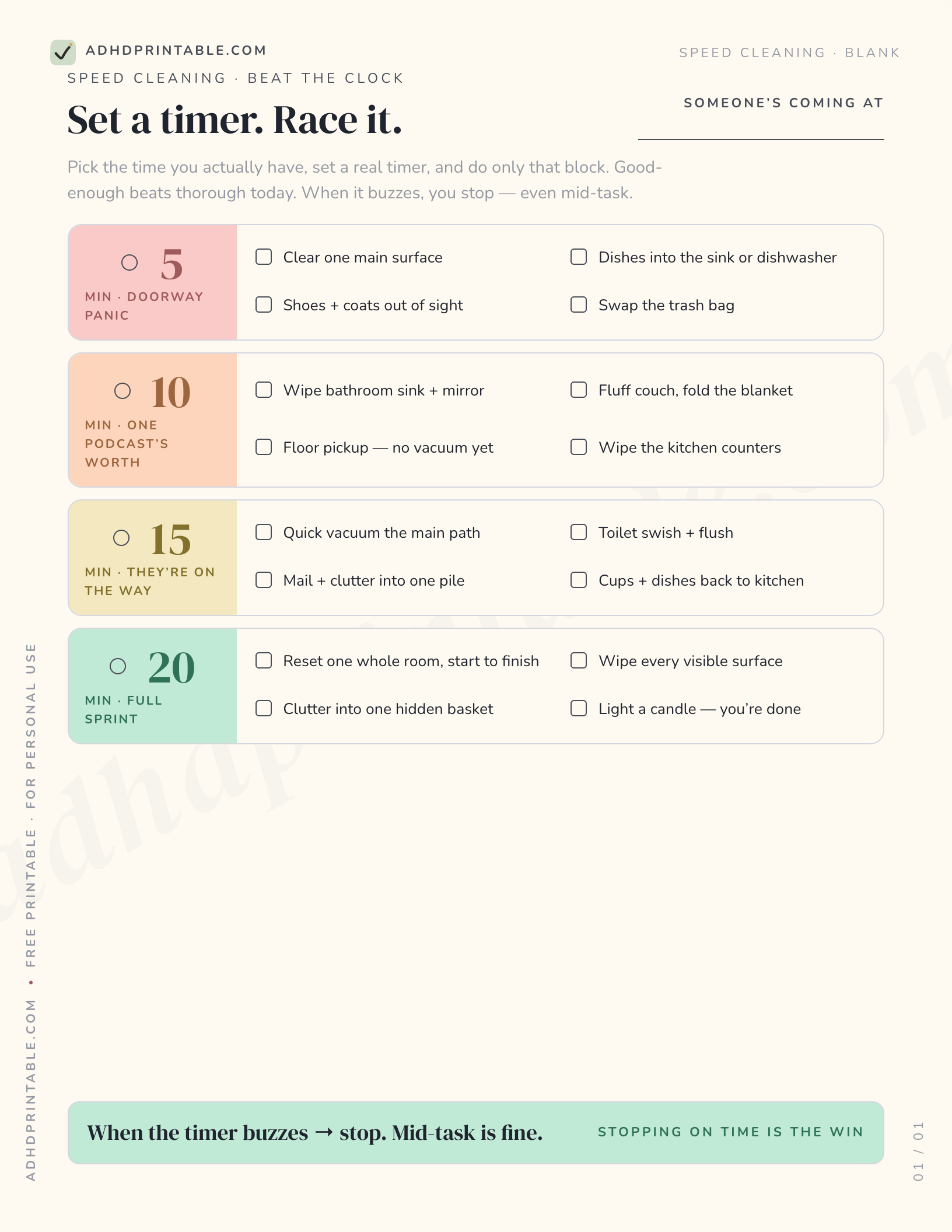 ADHD speed cleaning checklist printable preview with 5, 10, 15, and 20 minute timer tiers