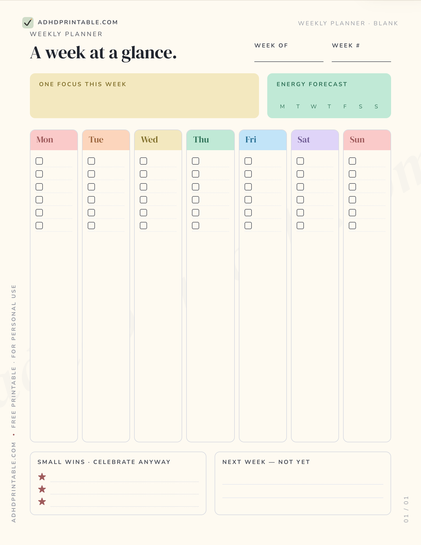 Weekly ADHD planner PDF free printable preview
