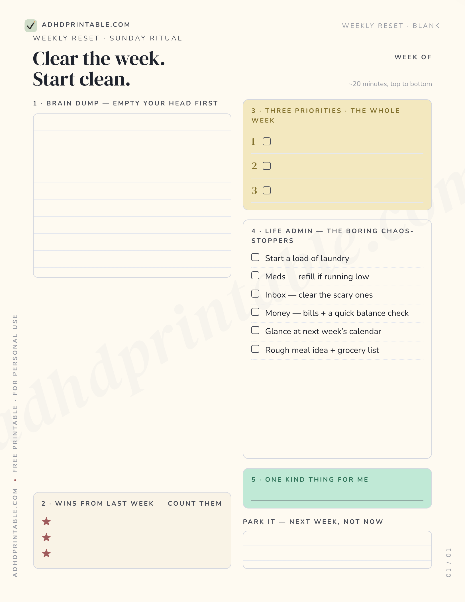 ADHD weekly reset checklist printable preview with brain dump, priorities, and life-admin sections